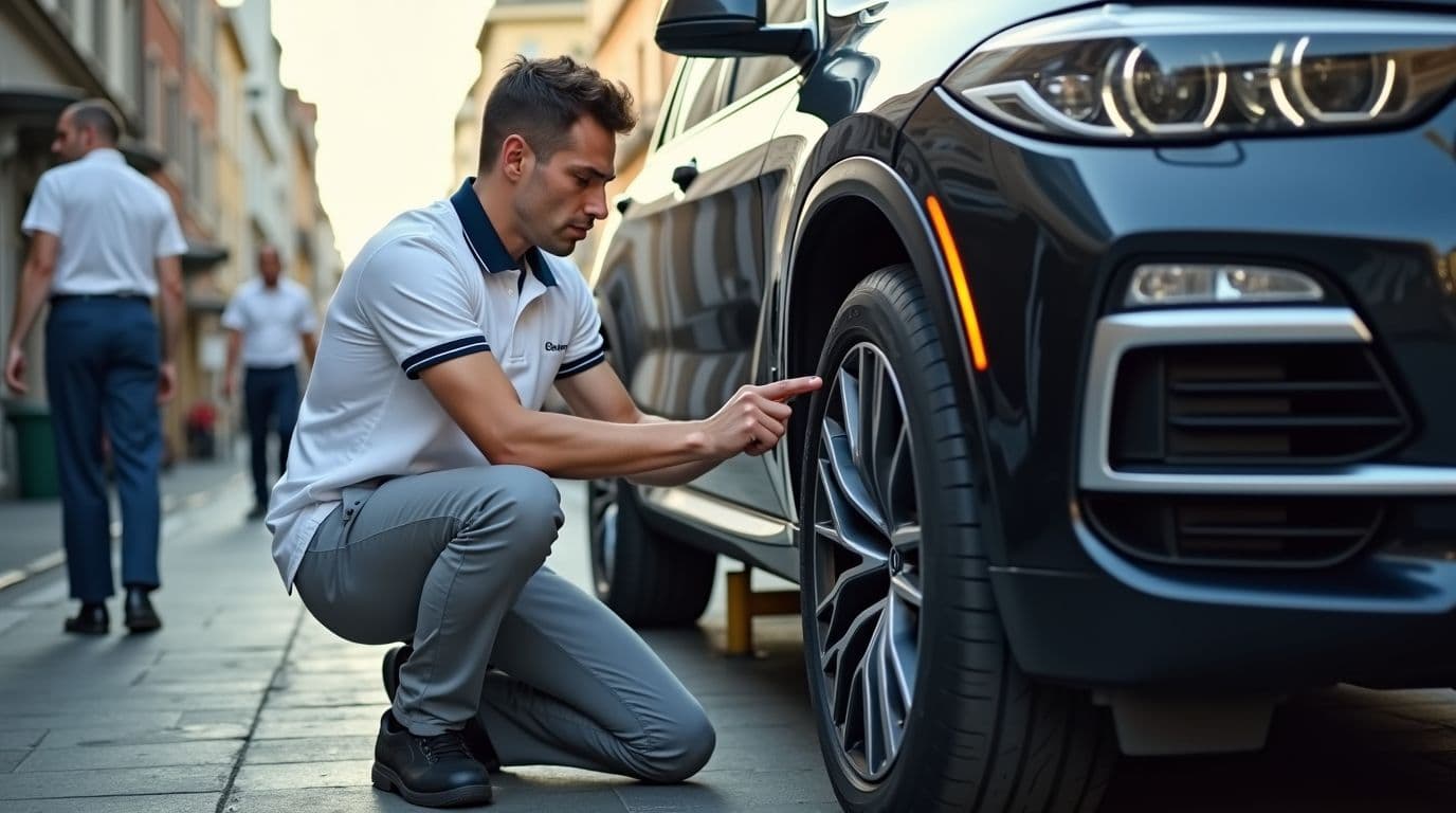 Mecânico de assistência móvel a reparar um pneu de um BMW X5 na rua, com serviços de uma oficina de pneus moderna.