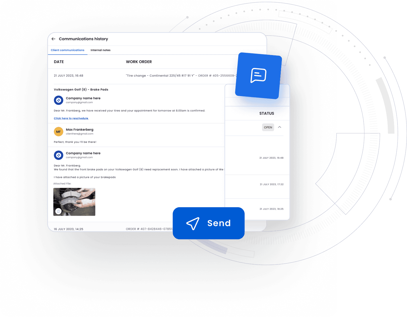 Logiciel d’atelier Carsu affichant une conversation client avec de vraies photos.