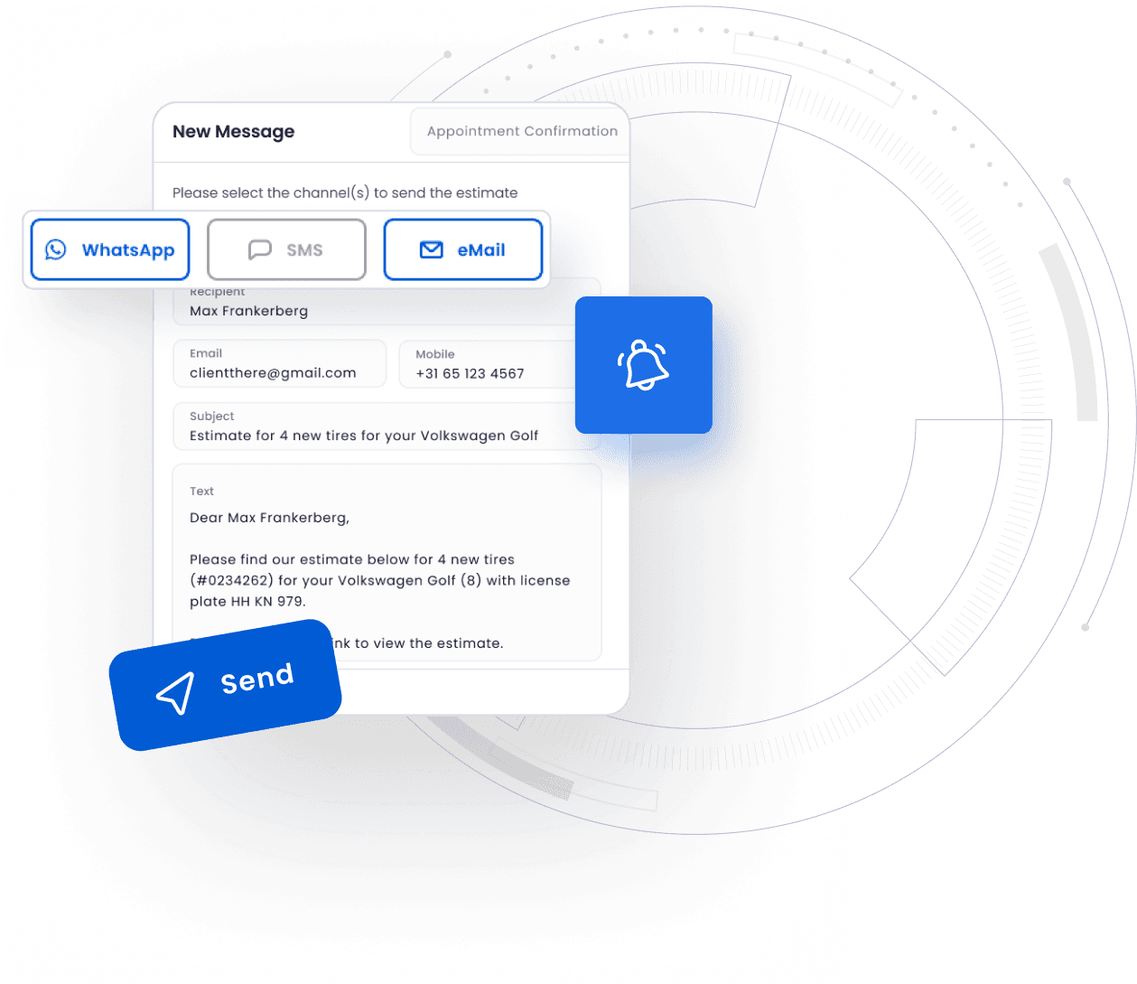 Interface do Carsu para partilhar um orçamento com os clientes por WhatsApp, SMS ou e-mail.
