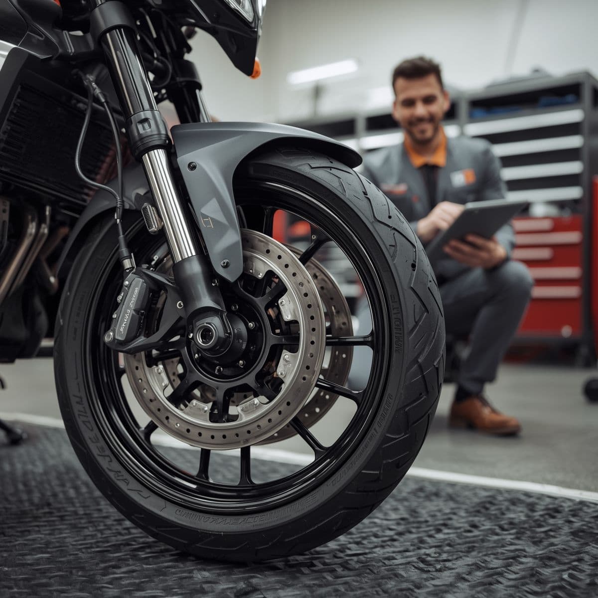 Mécanicien satisfait utilisant le logiciel Carsu pour gérer les travaux et le parcours client dans un atelier moto.