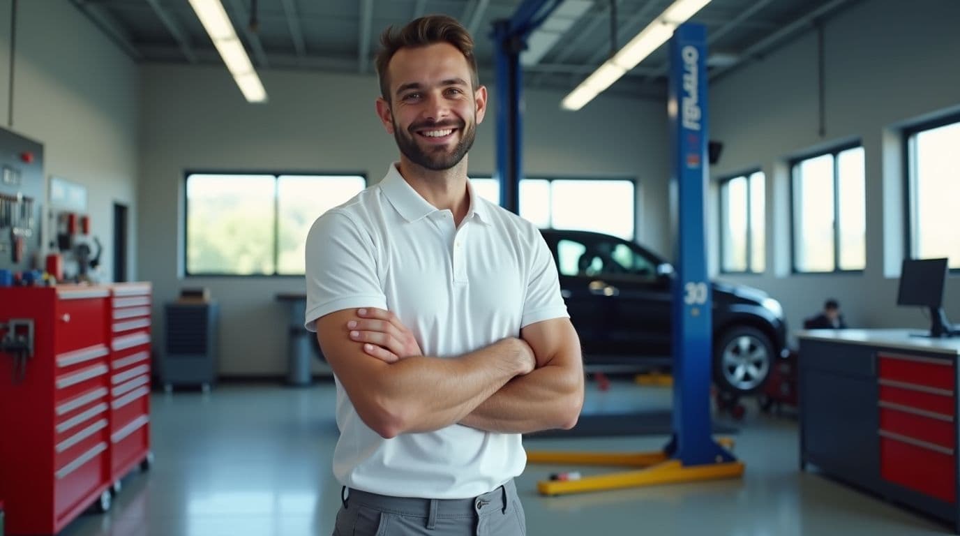 Mécanicien satisfait utilisant le logiciel Carsu pour gérer les travaux de l’atelier et le parcours client.