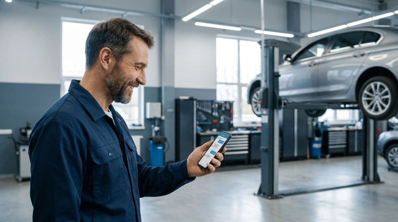 Mécanicien dans un atelier moderne utilisant un smartphone pour communiquer avec un client au sujet de sa voiture.