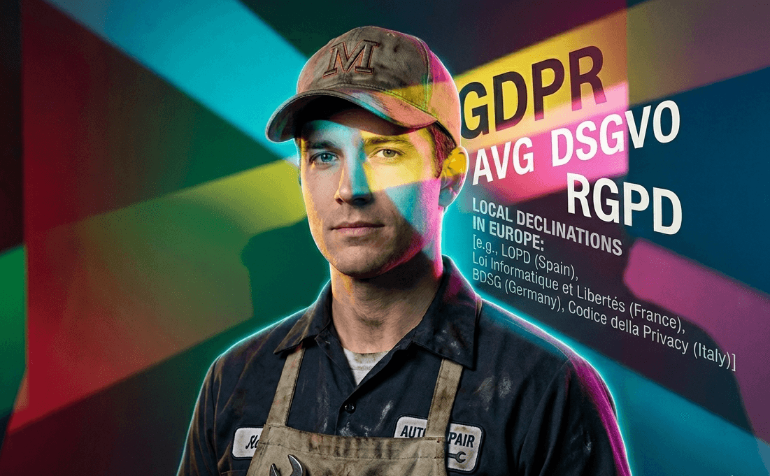 Mecânico numa oficina ao lado dos nomes das leis de proteção de dados europeias GDPR, AVG, DSGVO e RGPD