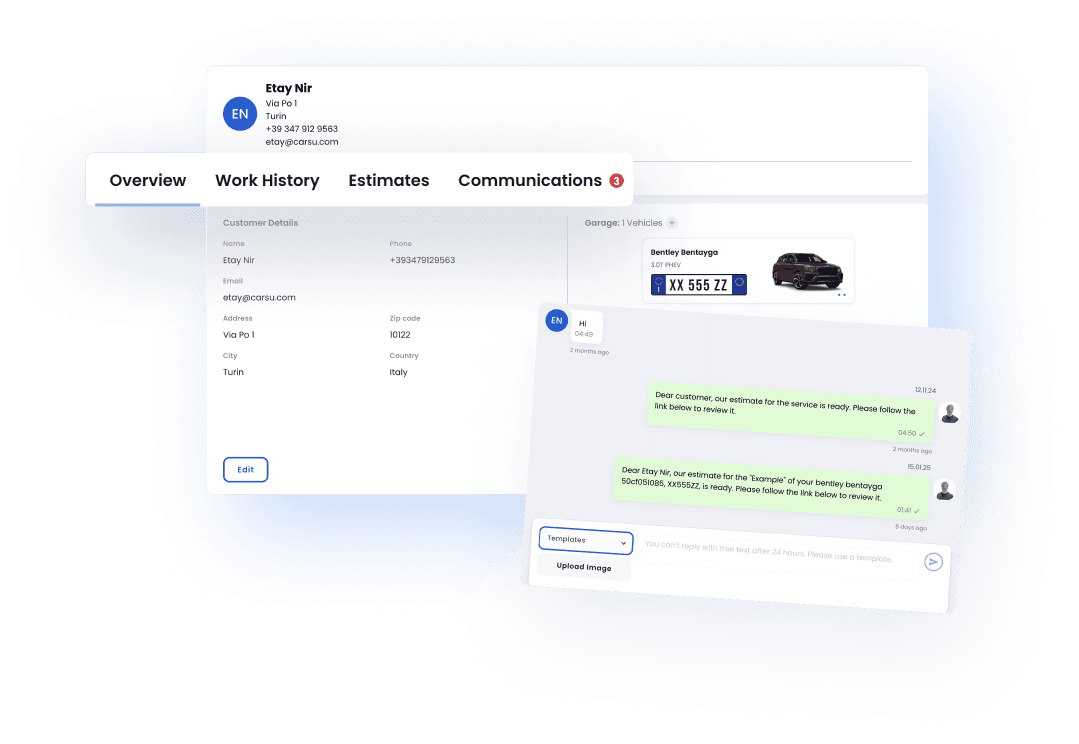 Section de communication de la plateforme automobile Carsu avec intégration WhatsApp Business complète.